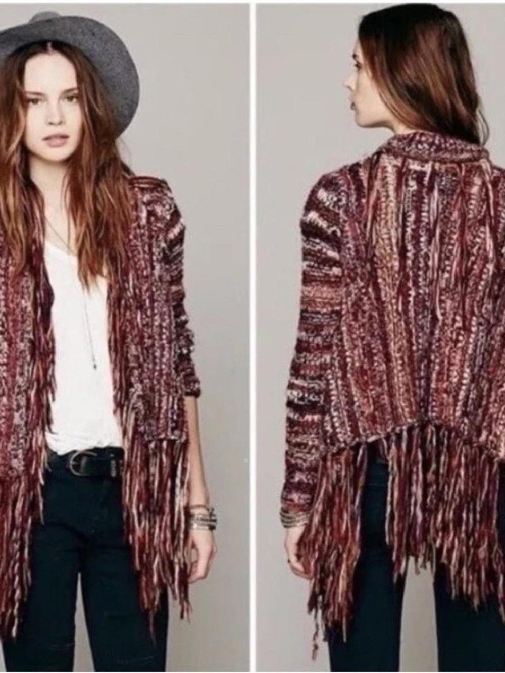 Free People Purple Multi-Color Fringe Knit Poncho